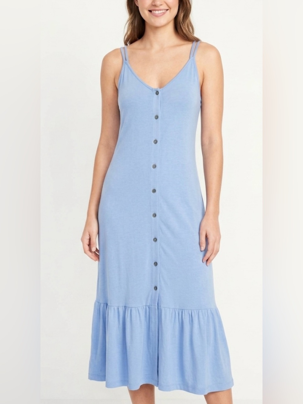 Roxy Blue Button Down Midi Dress Ruffle Hem XS